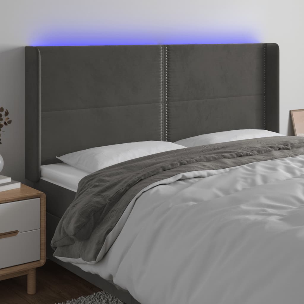 sengegavl med LED-lys 183x16x118/128 cm fløjl mørkegrå