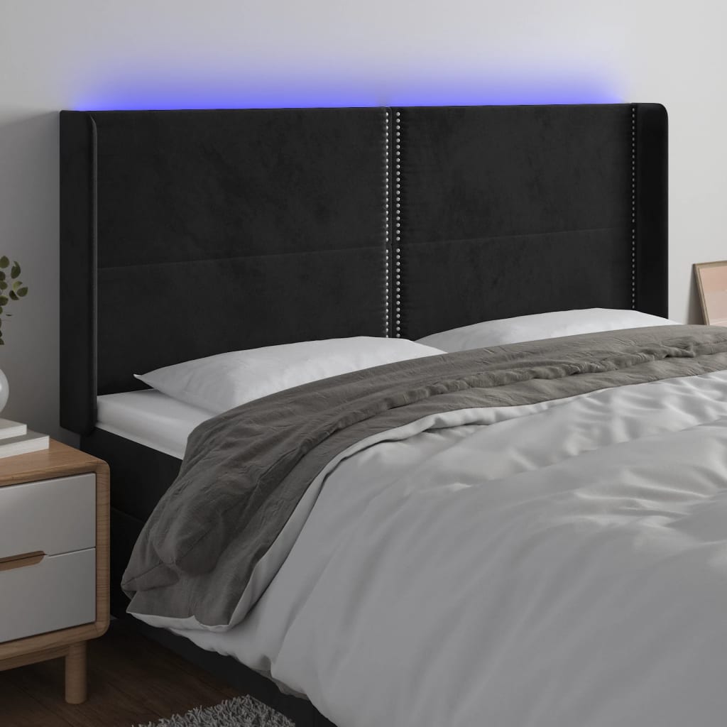 sengegavl med LED-lys 183x16x118/128 cm fløjl sort