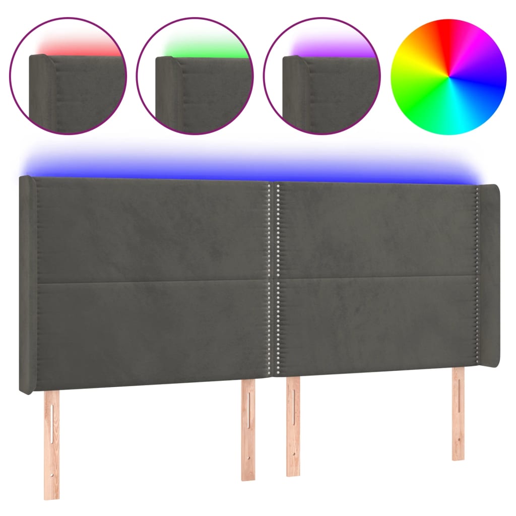sengegavl med LED-lys 203x16x118/128 cm fløjl mørkegrå