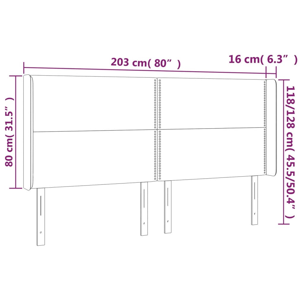 sengegavl med LED-lys 203x16x118/128 cm fløjl mørkegrå
