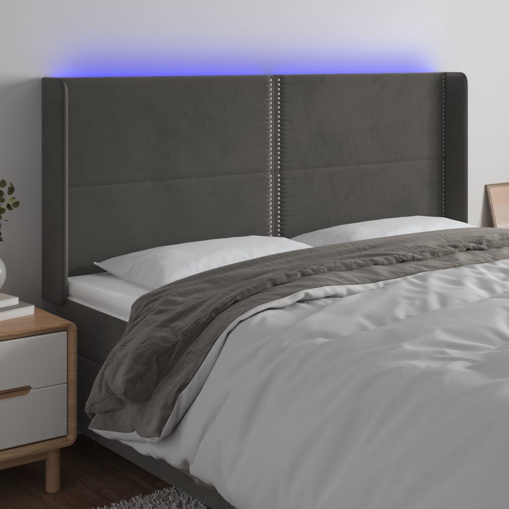 sengegavl med LED-lys 203x16x118/128 cm fløjl mørkegrå
