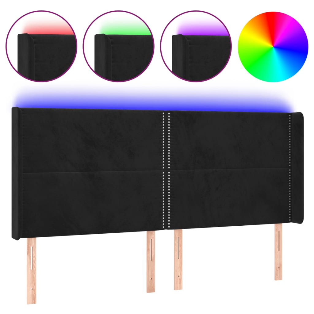 sengegavl med LED-lys 203x16x118/128 cm fløjl sort