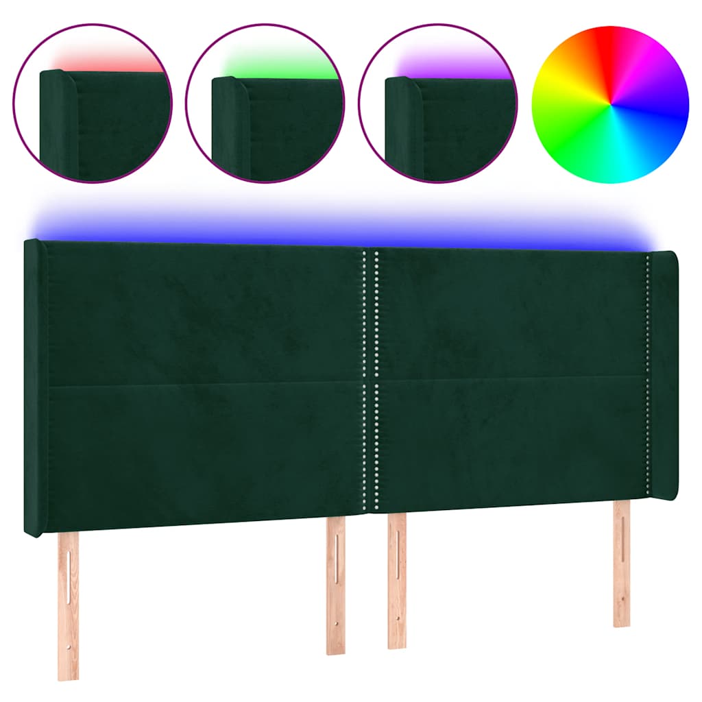 sengegavl med LED-lys 203x16x118/128 cm fløjl mørkegrøn