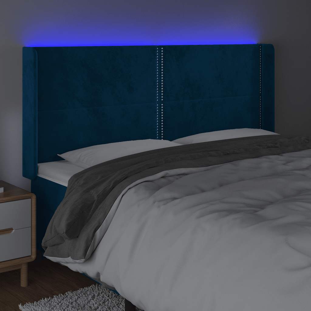 sengegavl med LED-lys 203x16x118/128 cm fløjl mørkeblå