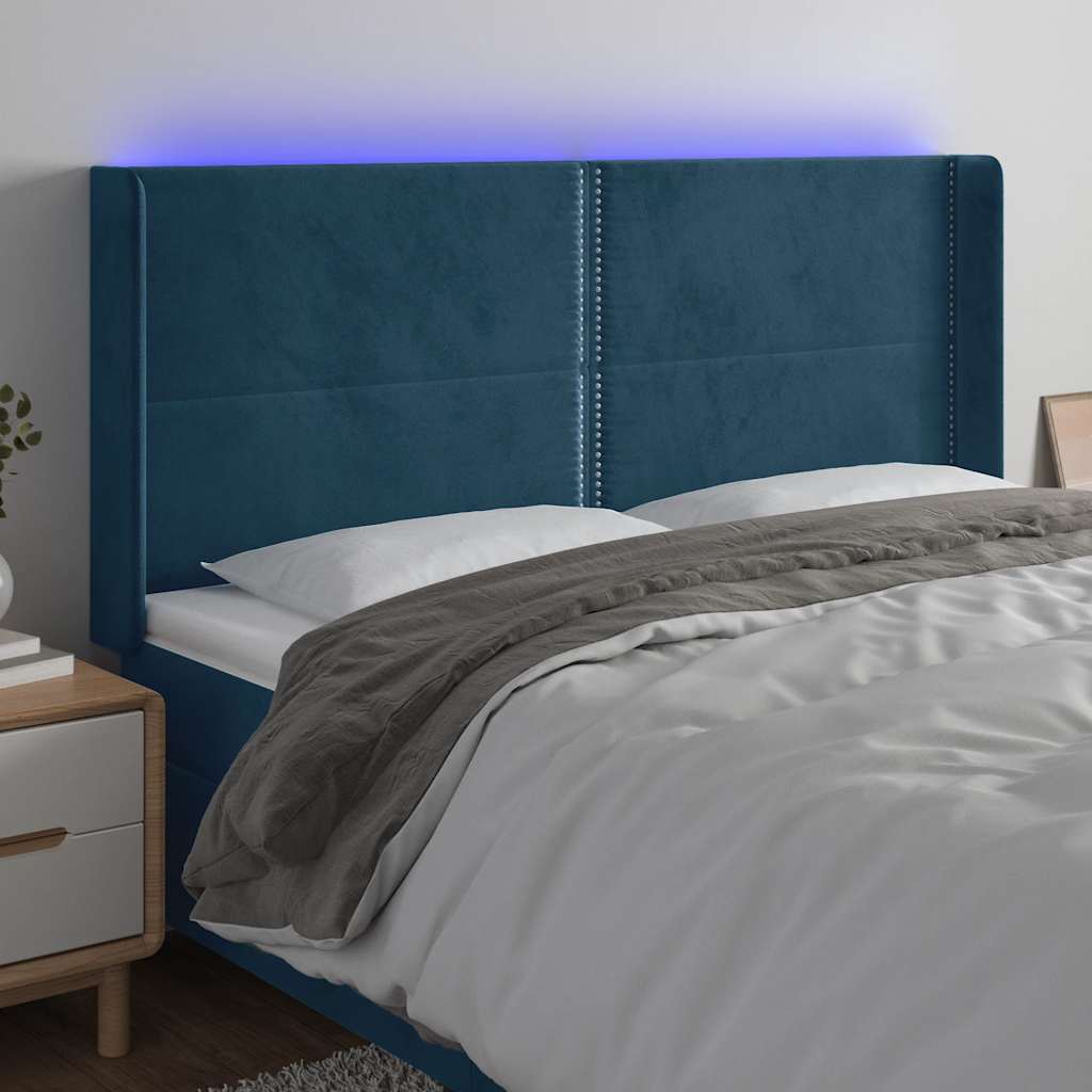 sengegavl med LED-lys 203x16x118/128 cm fløjl mørkeblå