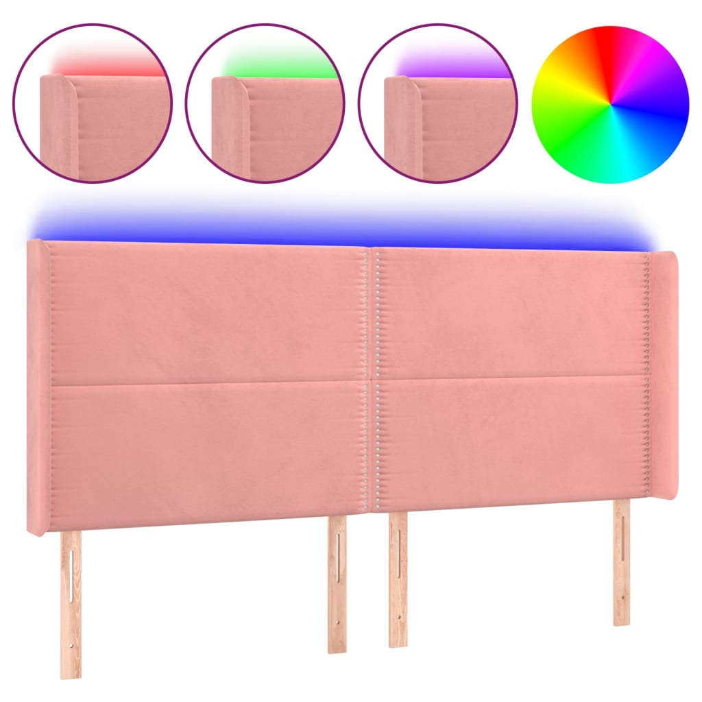 sengegavl med LED-lys 203x16x118/128 cm fløjl lyserød