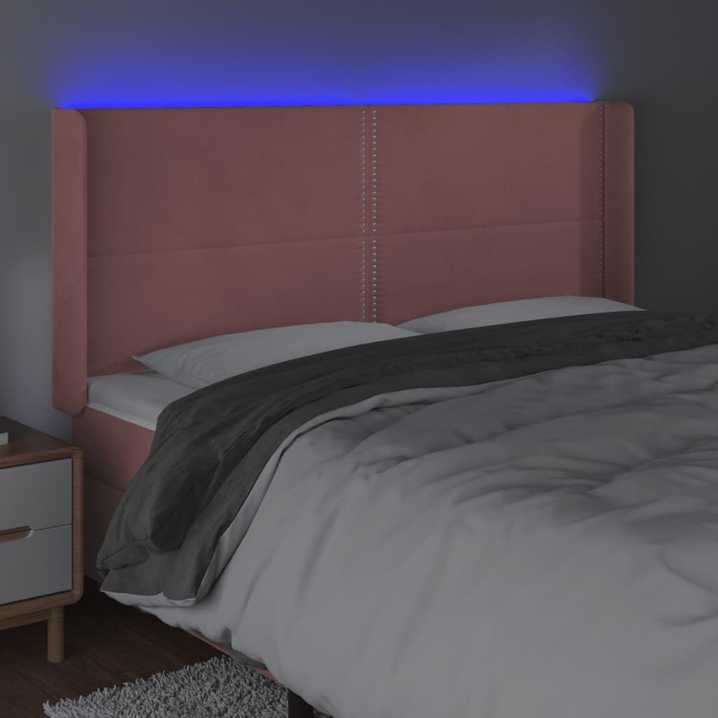 sengegavl med LED-lys 203x16x118/128 cm fløjl lyserød