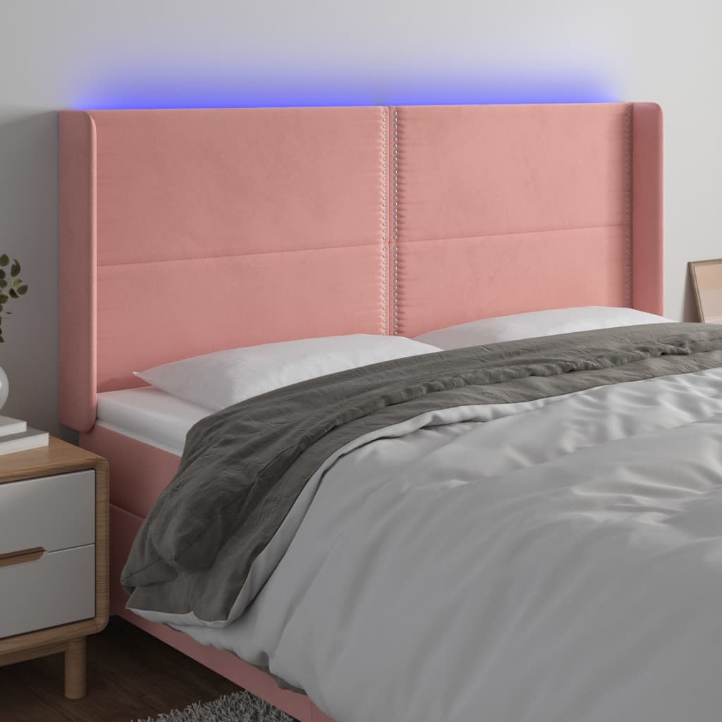 sengegavl med LED-lys 203x16x118/128 cm fløjl lyserød