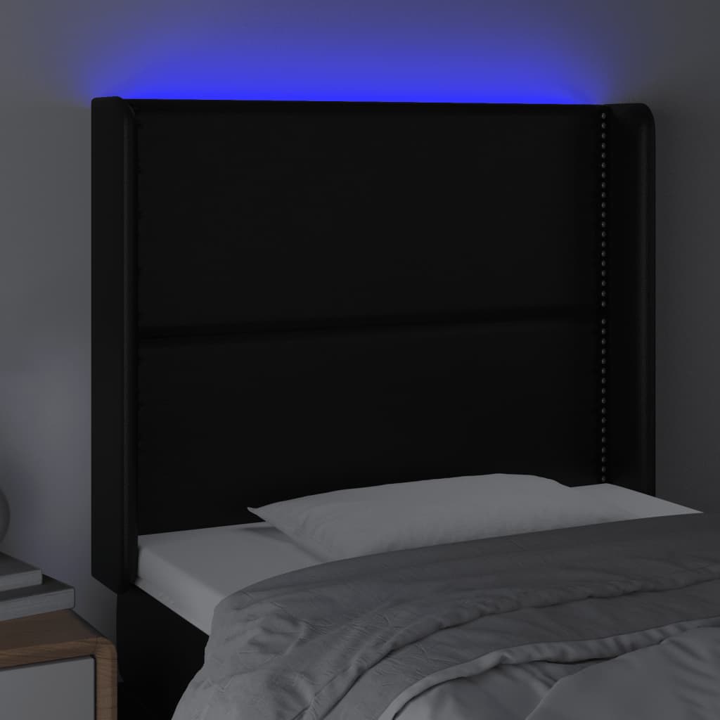 sengegavl med LED-lys 93x16x118/128 cm kunstlæder sort