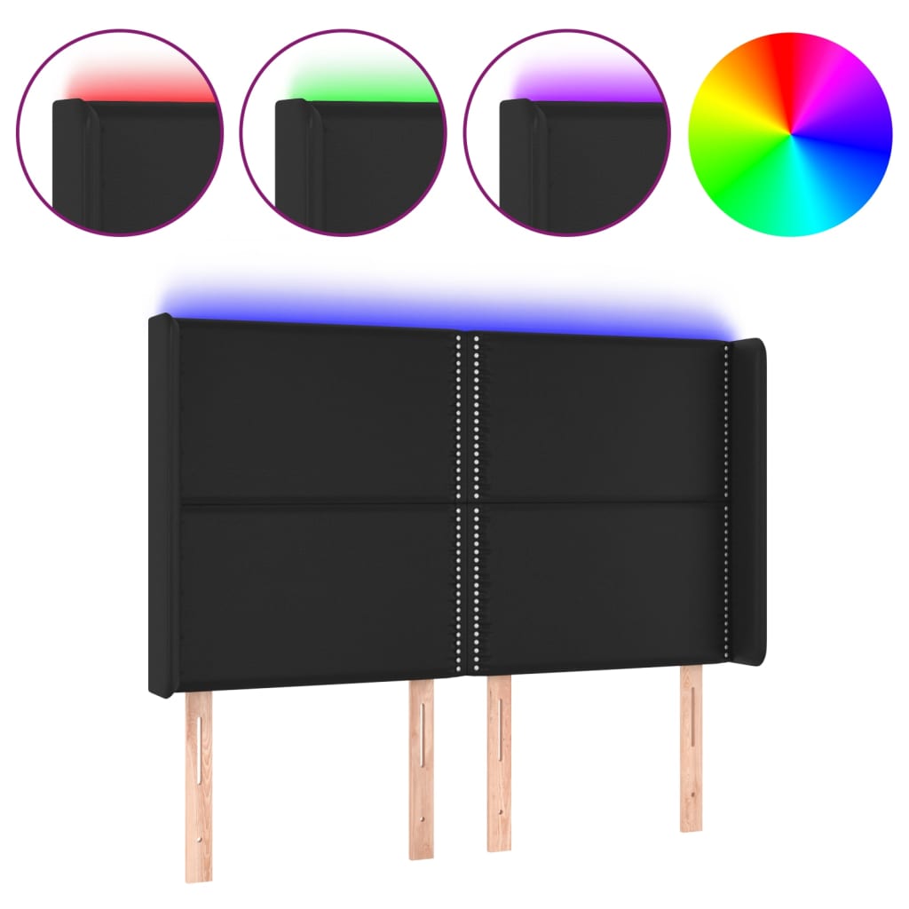 sengegavl med LED-lys 147x16x118/128 cm kunstlæder sort