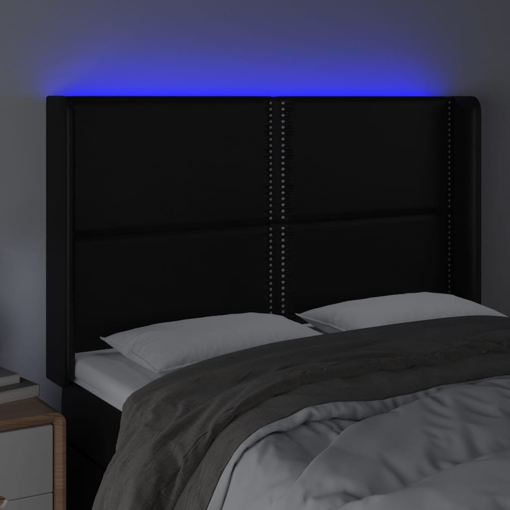 sengegavl med LED-lys 147x16x118/128 cm kunstlæder sort