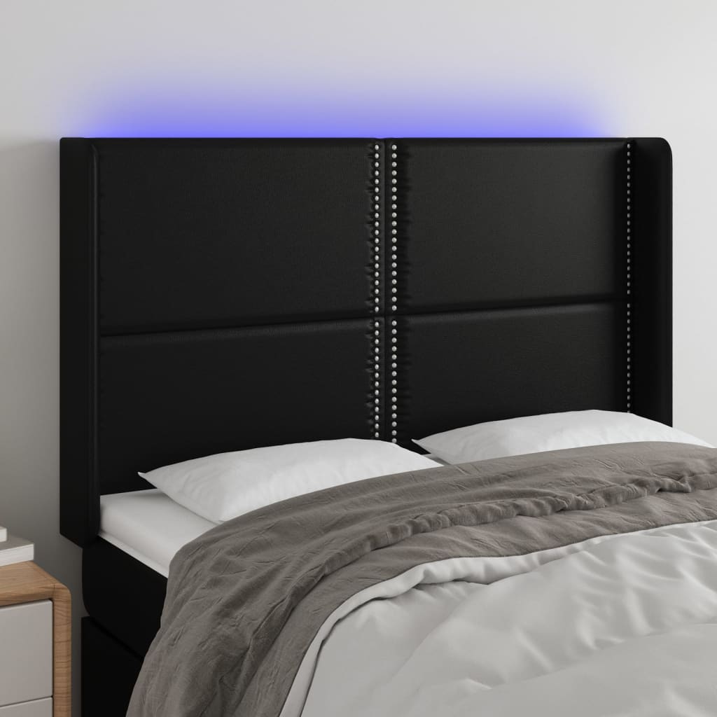 sengegavl med LED-lys 147x16x118/128 cm kunstlæder sort