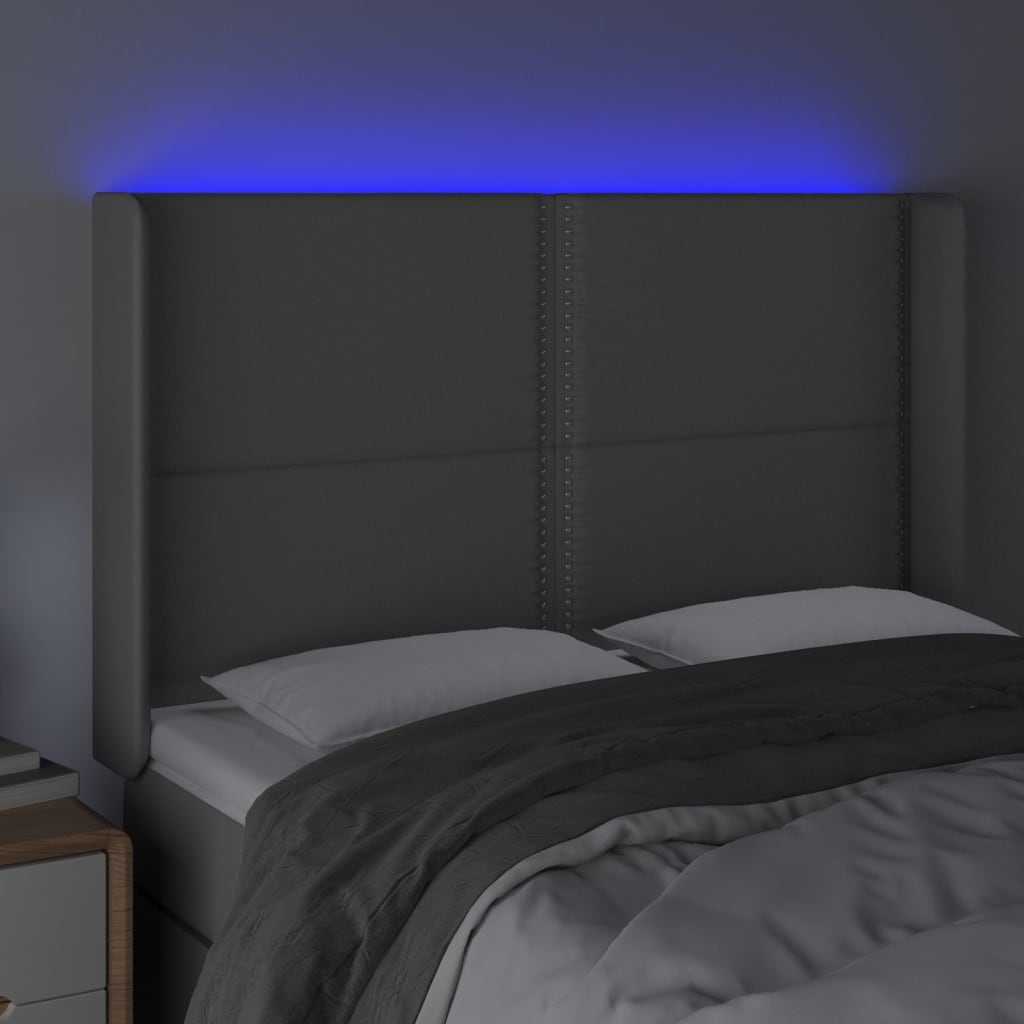 sengegavl med LED-lys 147x16x118/128 cm kunstlæder grå