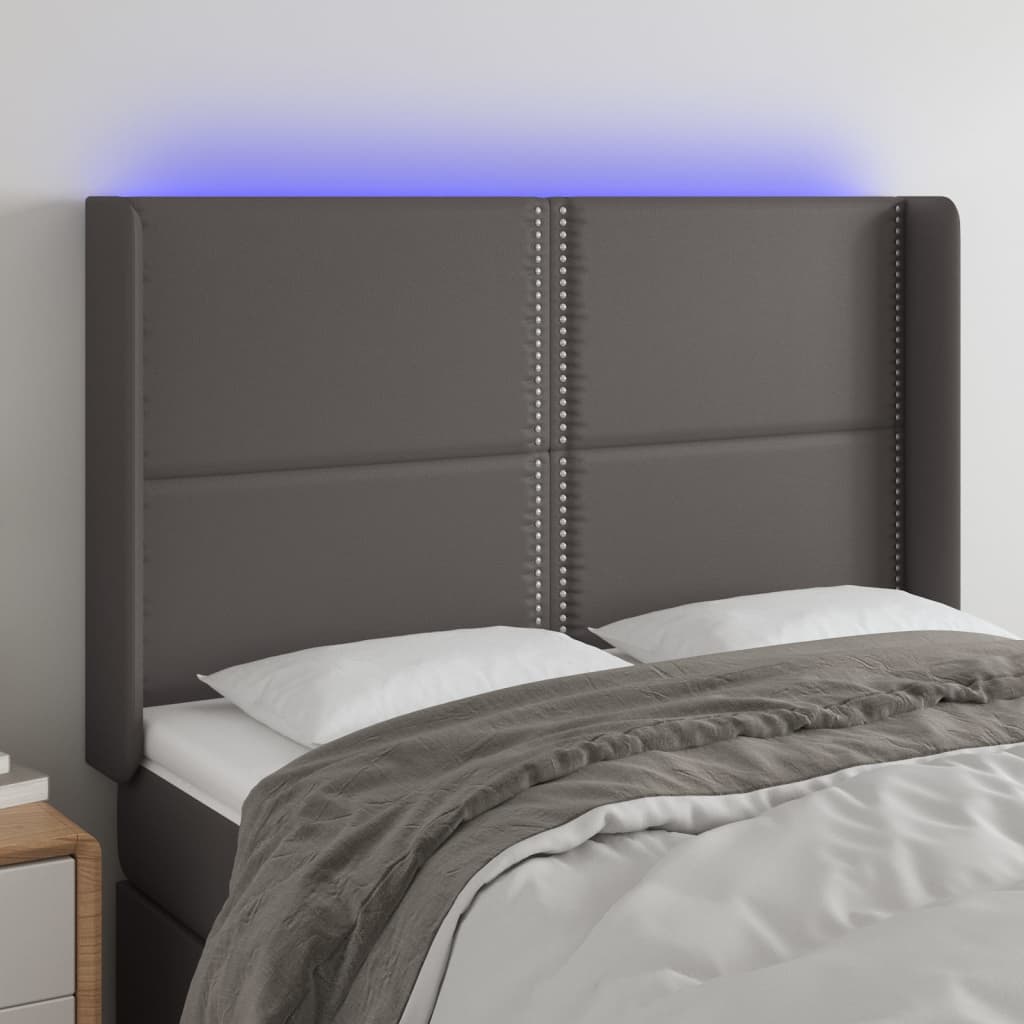 sengegavl med LED-lys 147x16x118/128 cm kunstlæder grå