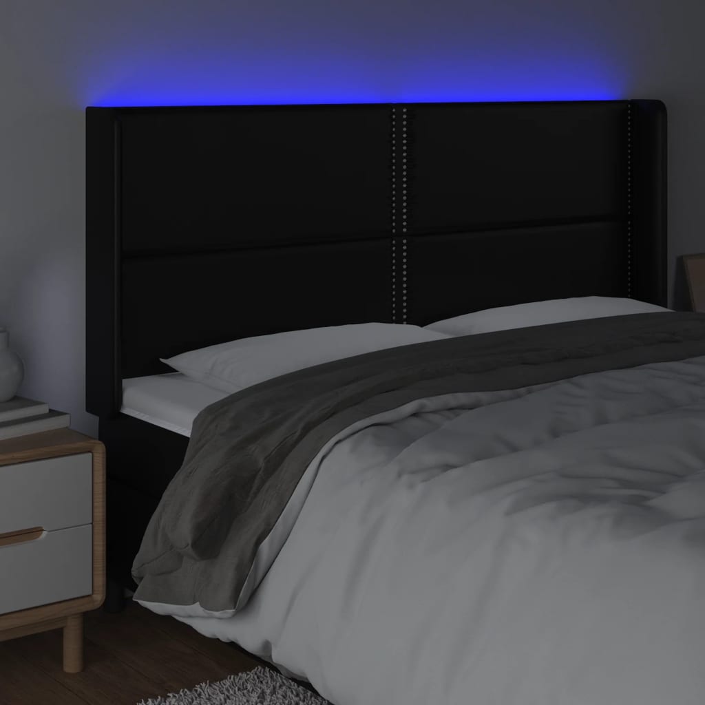sengegavl med LED-lys 183x16x118/128 cm kunstlæder sort