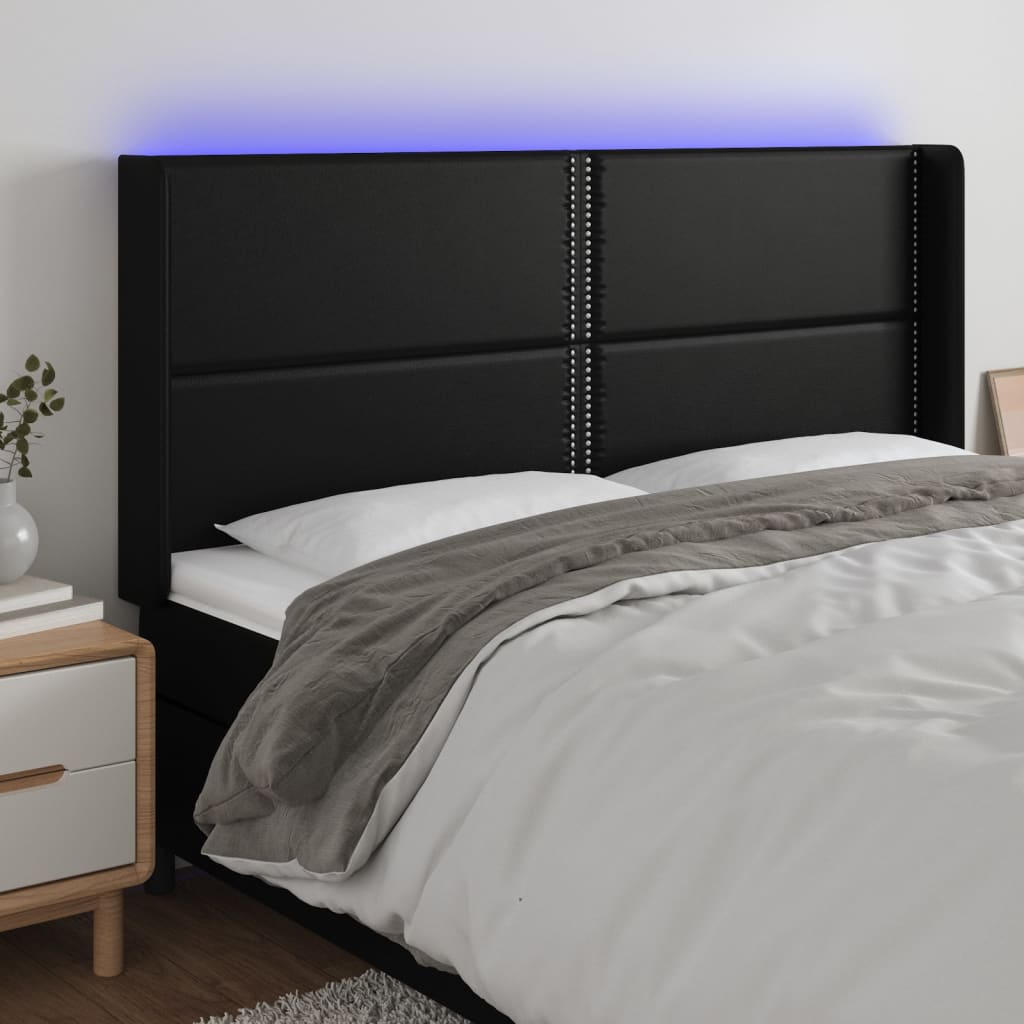 sengegavl med LED-lys 183x16x118/128 cm kunstlæder sort