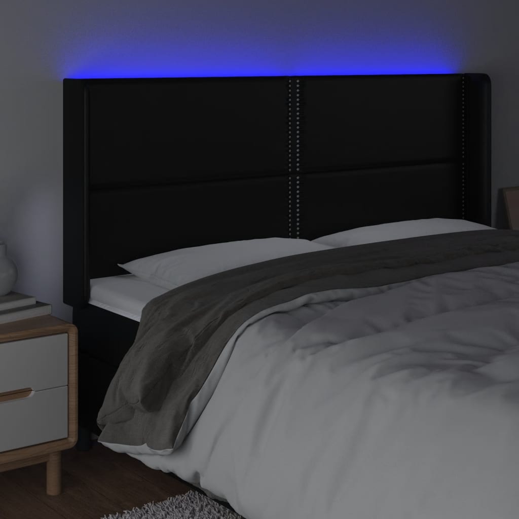 sengegavl med LED-lys 203x16x118/128 cm kunstlæder sort