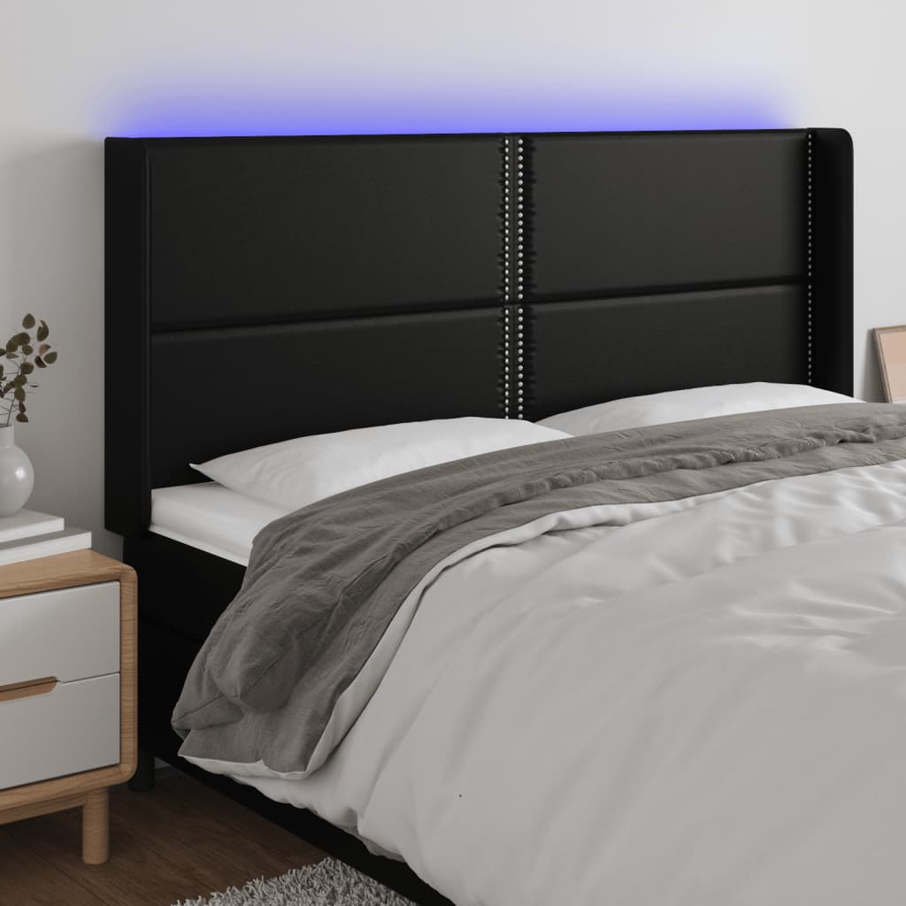 sengegavl med LED-lys 203x16x118/128 cm kunstlæder sort