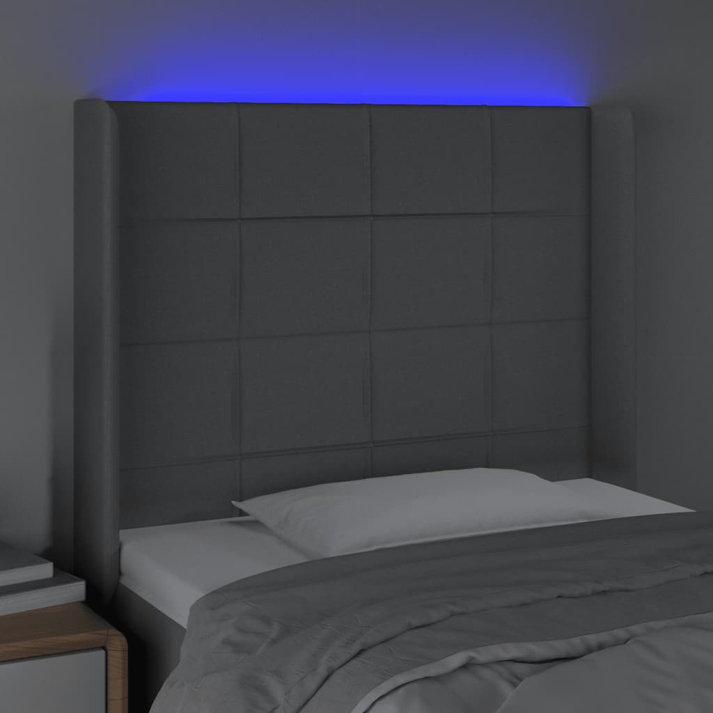 sengegavl med LED-lys 83x16x118/128 cm stof lysegrå