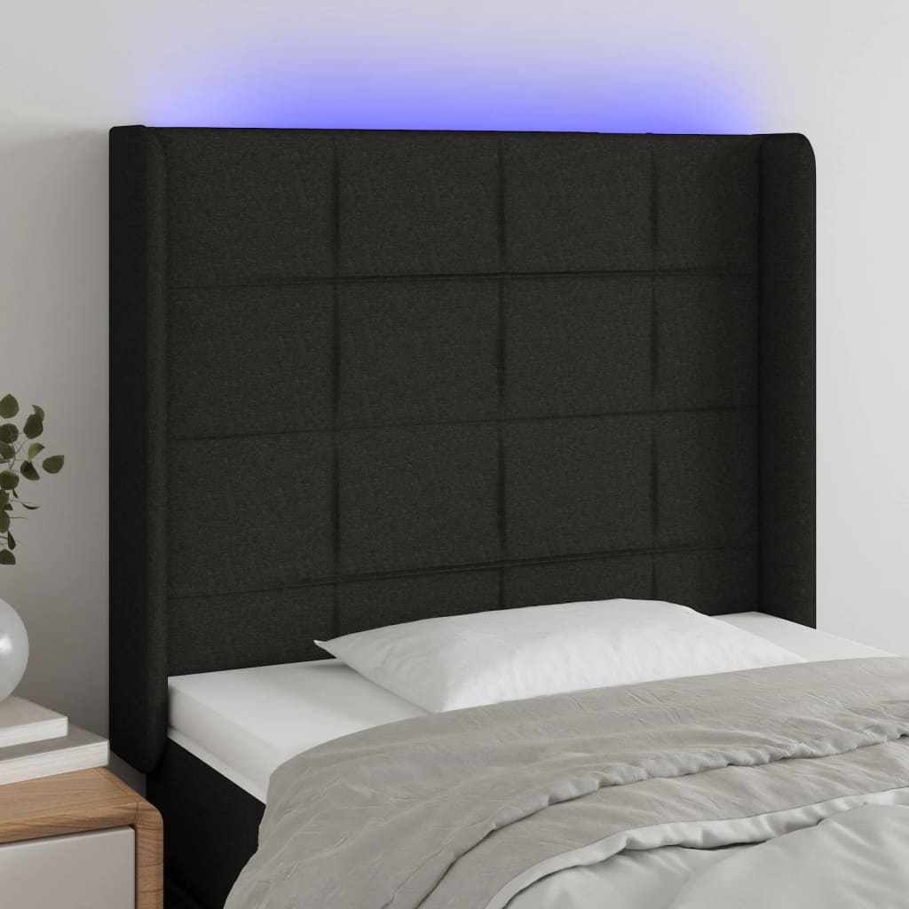 sengegavl med LED-lys 83x16x118/128 cm stof sort
