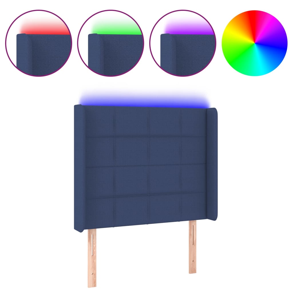 sengegavl med LED-lys 83x16x118/128 cm stof blå