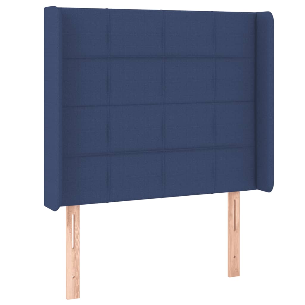 sengegavl med LED-lys 83x16x118/128 cm stof blå