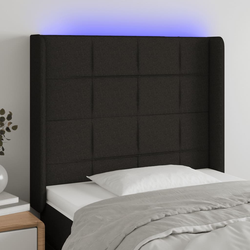 sengegavl med LED-lys 93x16x118/128 cm stof sort