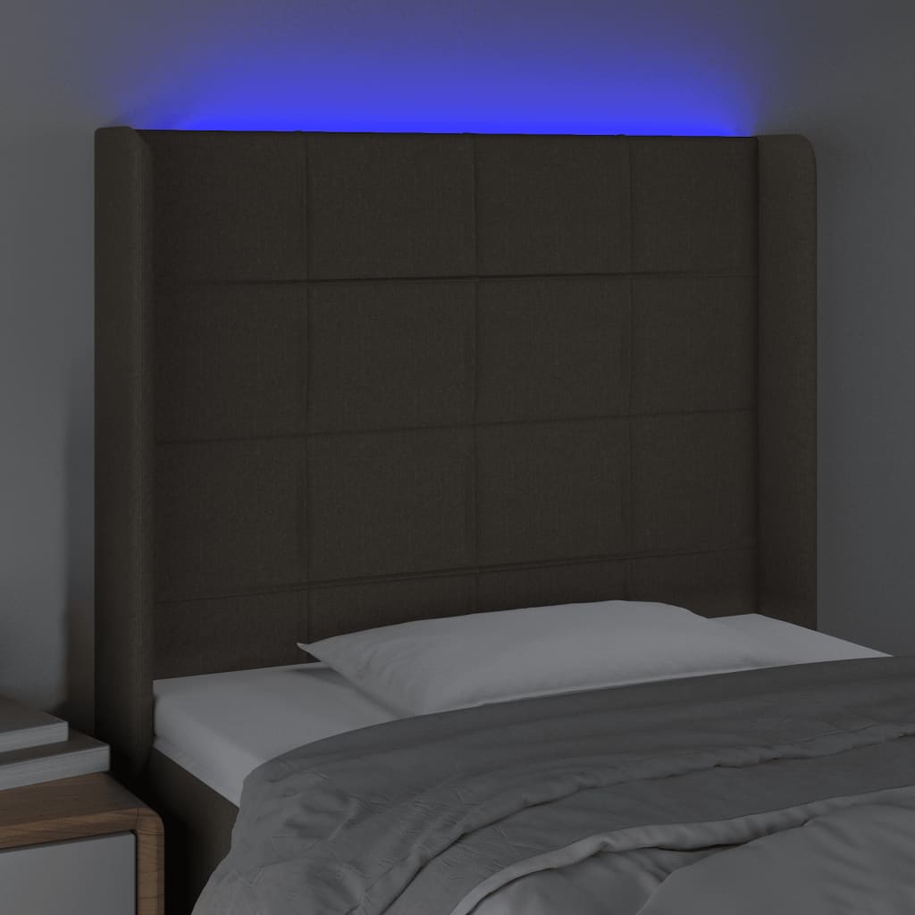 sengegavl med LED-lys 93x16x118/128 cm stof gråbrun