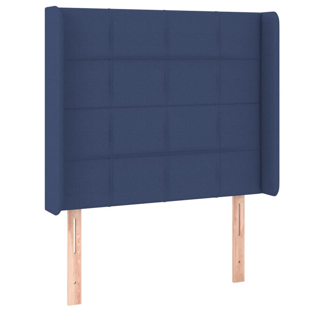 sengegavl med LED-lys 93x16x118/128 cm stof blå