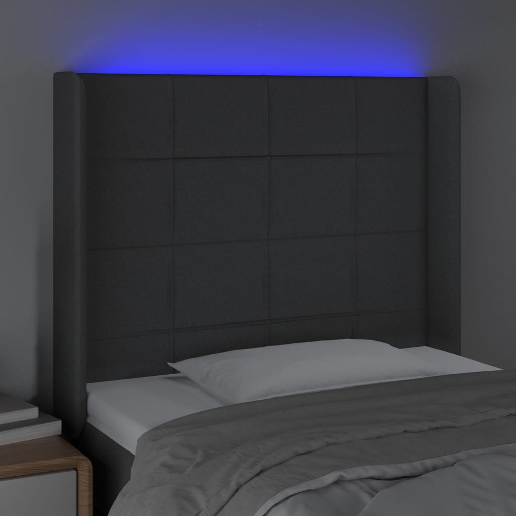 sengegavl med LED-lys 103x16x118/128 cm stof mørkegrå