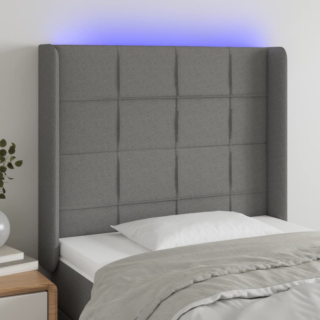 sengegavl med LED-lys 103x16x118/128 cm stof mørkegrå