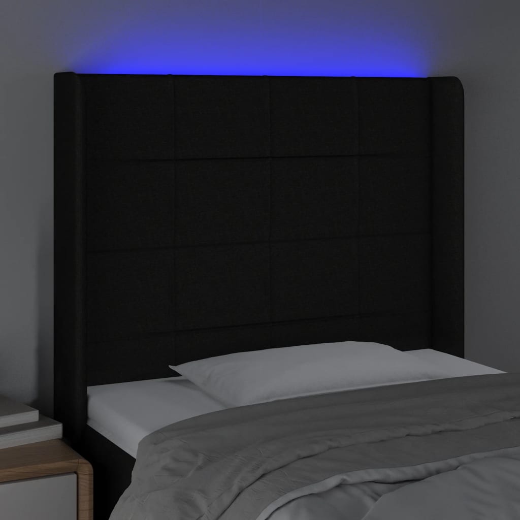 sengegavl med LED-lys 103x16x118/128 cm stof sort