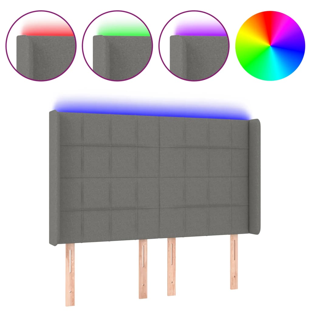 sengegavl med LED-lys 147x16x118/128 cm stof mørkegrå