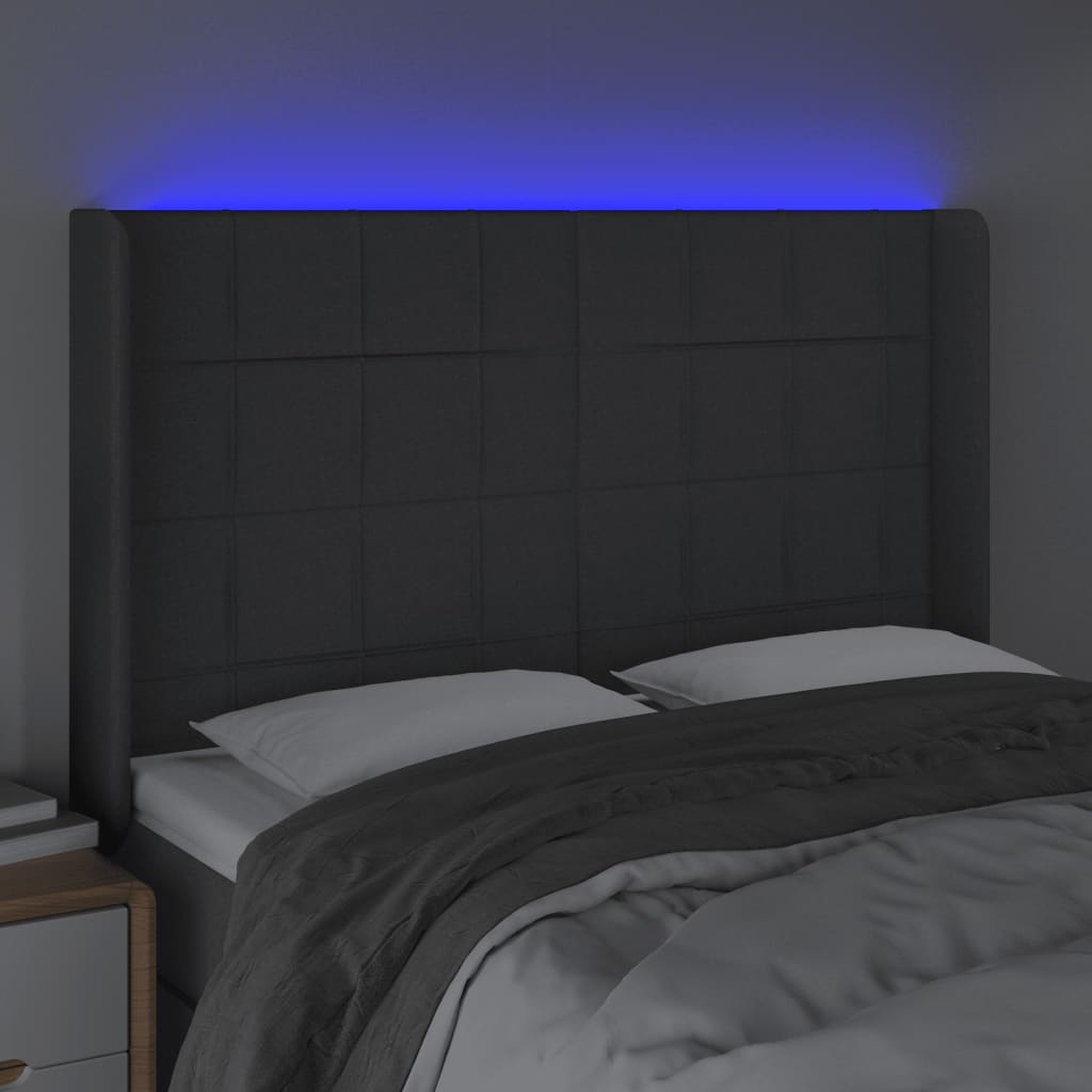 sengegavl med LED-lys 147x16x118/128 cm stof mørkegrå