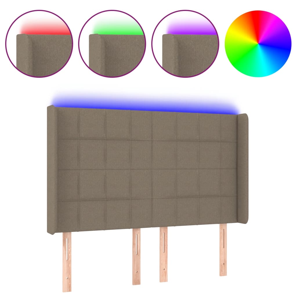 sengegavl med LED-lys 147x16x118/128 cm stof gråbrun
