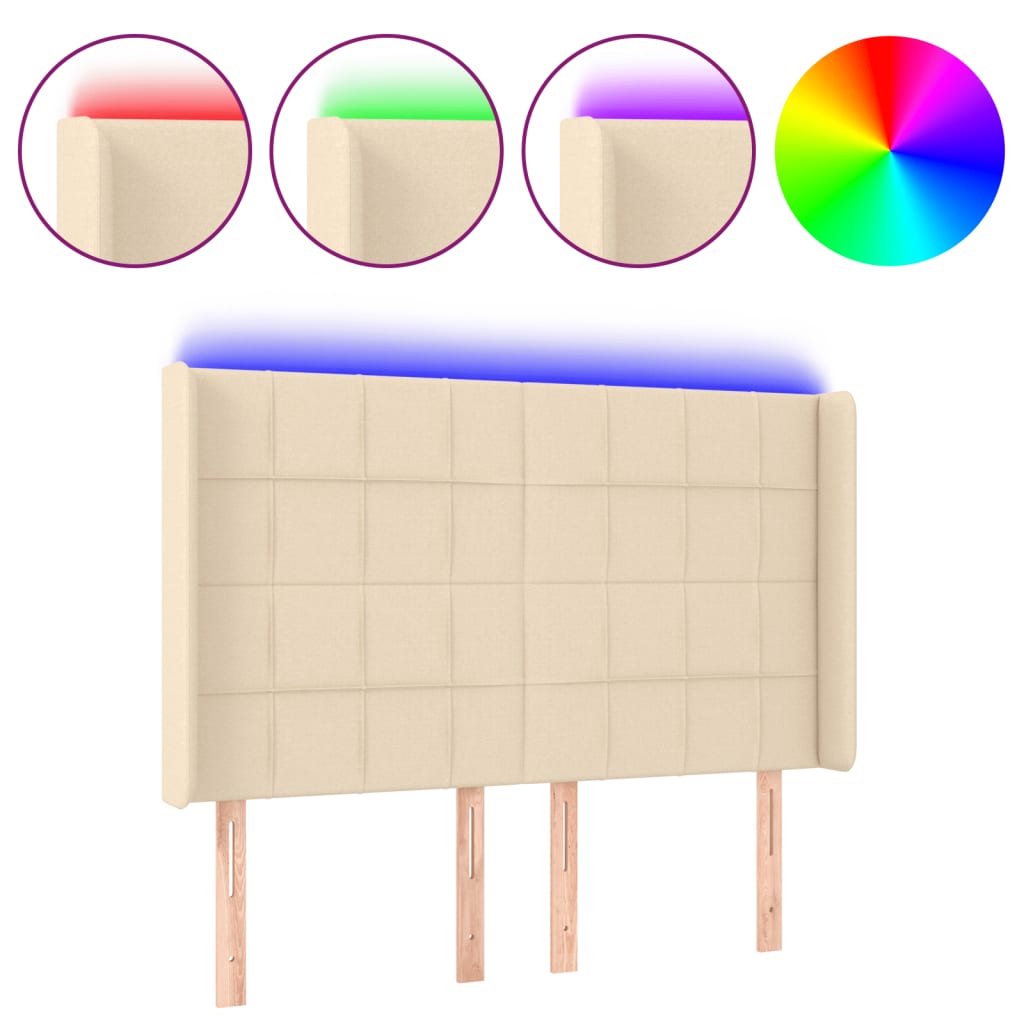 sengegavl med LED-lys 147x16x118/128 cm stof cremefarvet
