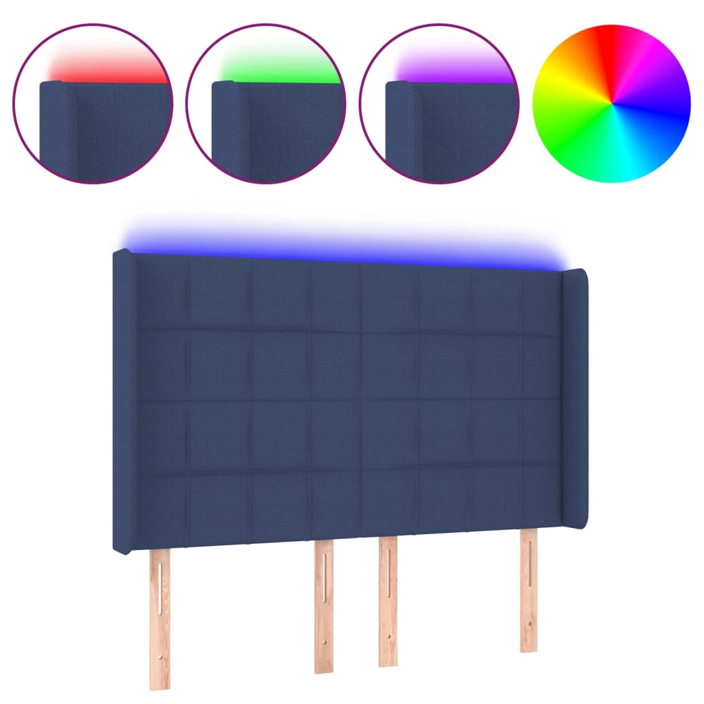 sengegavl med LED-lys 147x16x118/128 cm stof blå