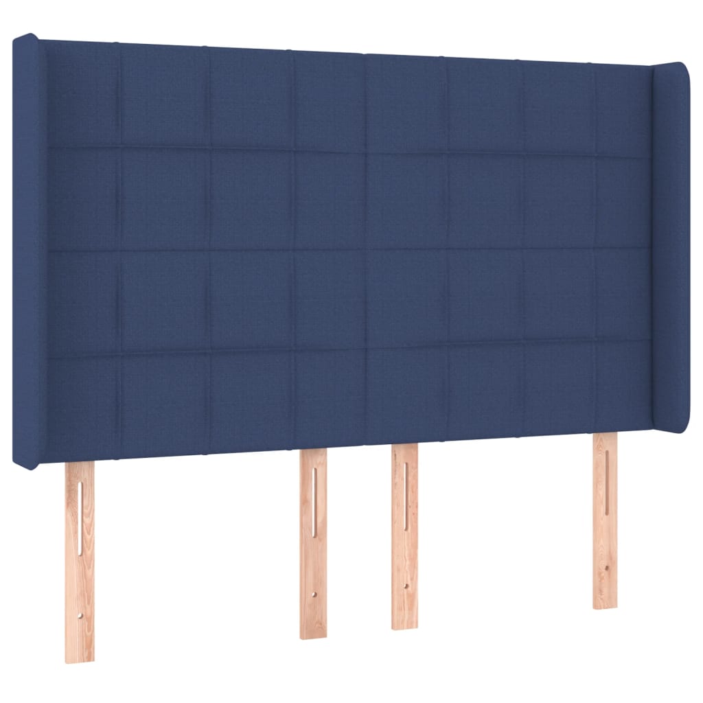 sengegavl med LED-lys 147x16x118/128 cm stof blå