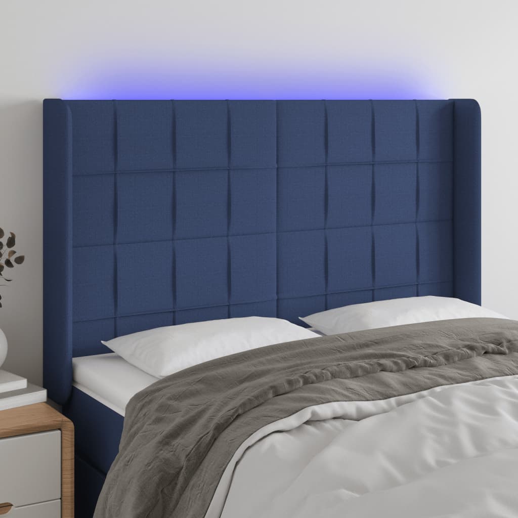 sengegavl med LED-lys 147x16x118/128 cm stof blå