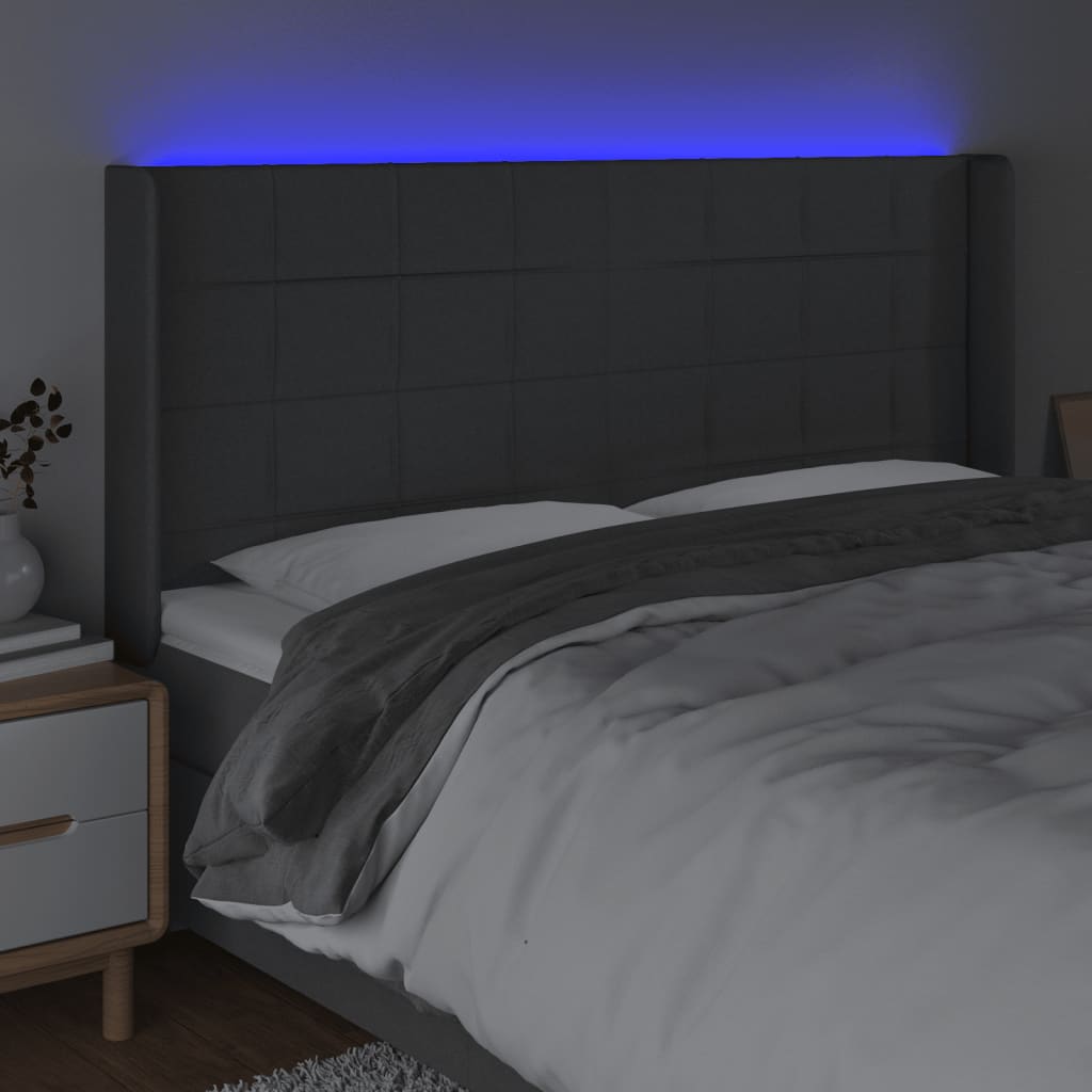 sengegavl med LED-lys 183x16x118/128 cm stof mørkegrå