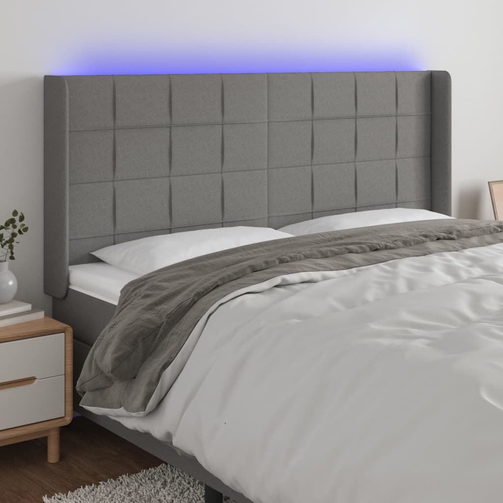 sengegavl med LED-lys 183x16x118/128 cm stof mørkegrå