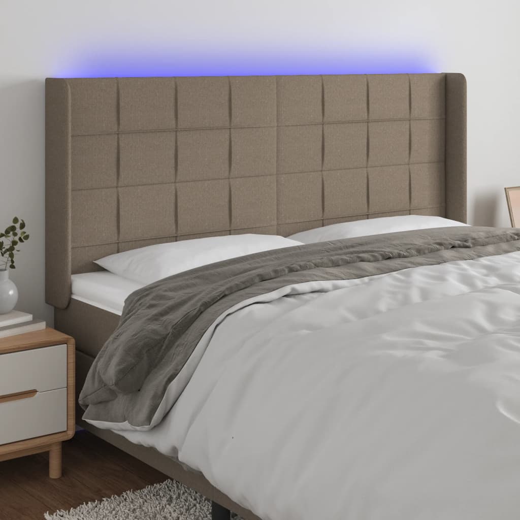 sengegavl med LED-lys 183x16x118/128 cm stof gråbrun
