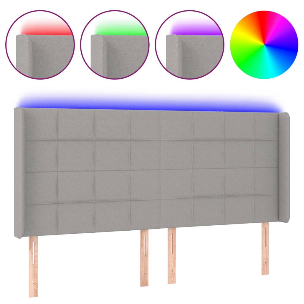 sengegavl med LED-lys 203x16x118/128 cm stof lysegrå
