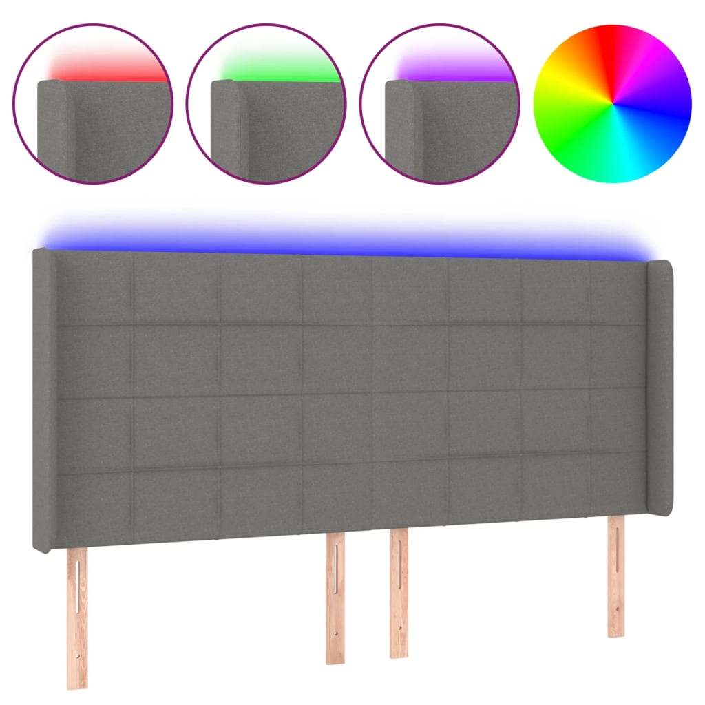 sengegavl med LED-lys 203x16x118/128 cm stof mørkegrå