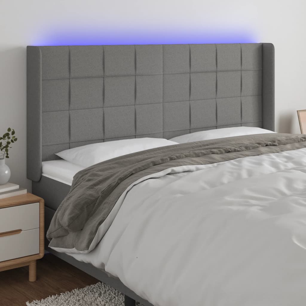 sengegavl med LED-lys 203x16x118/128 cm stof mørkegrå