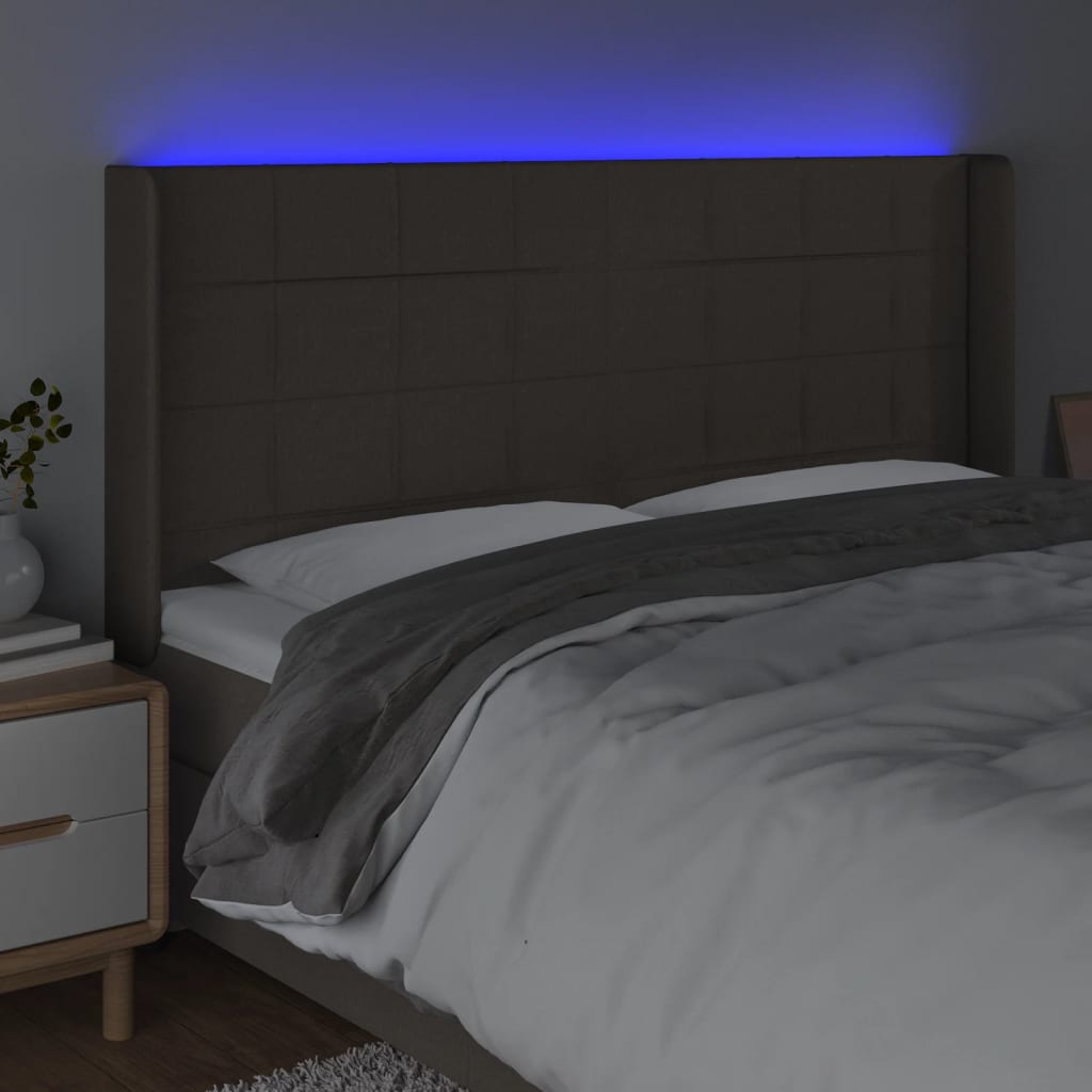 sengegavl med LED-lys 203x16x118/128 cm stof gråbrun