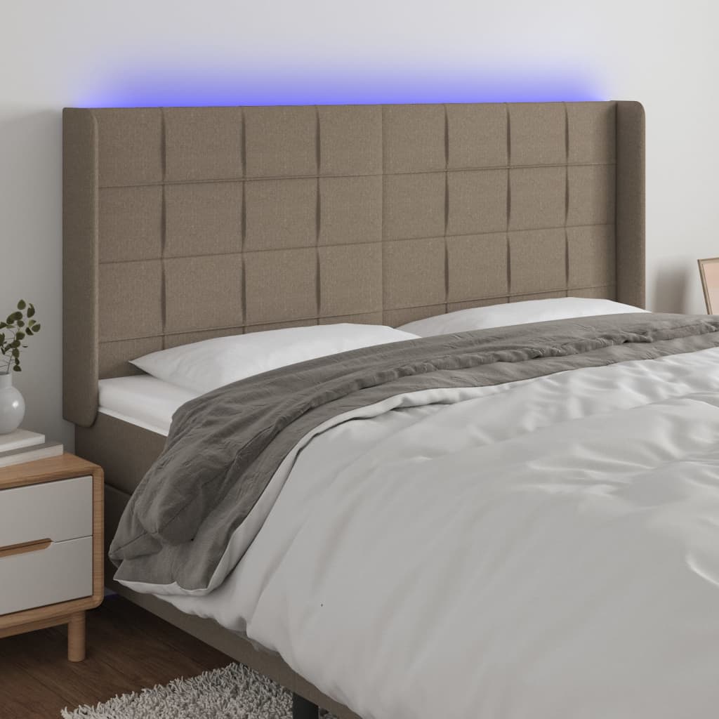 sengegavl med LED-lys 203x16x118/128 cm stof gråbrun