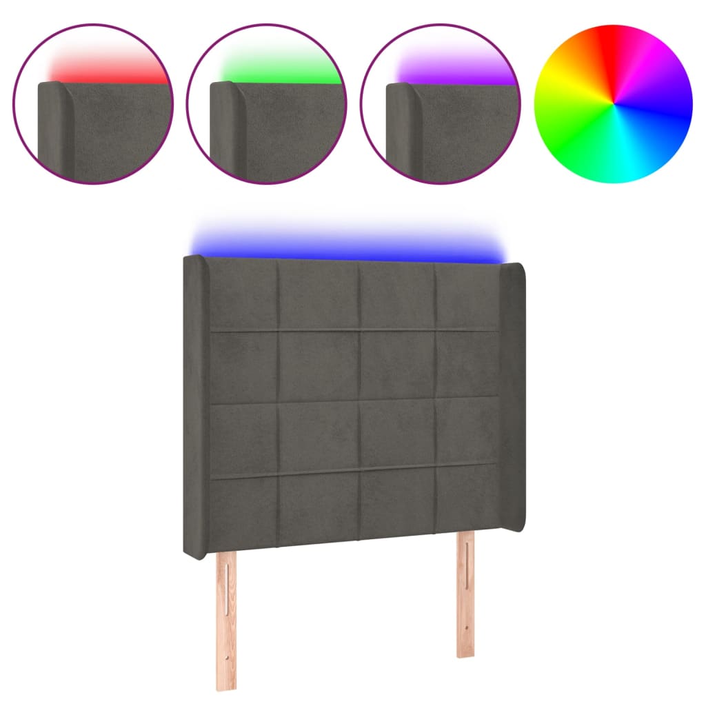 sengegavl med LED-lys 83x16x118/128 cm fløjl mørkegrå