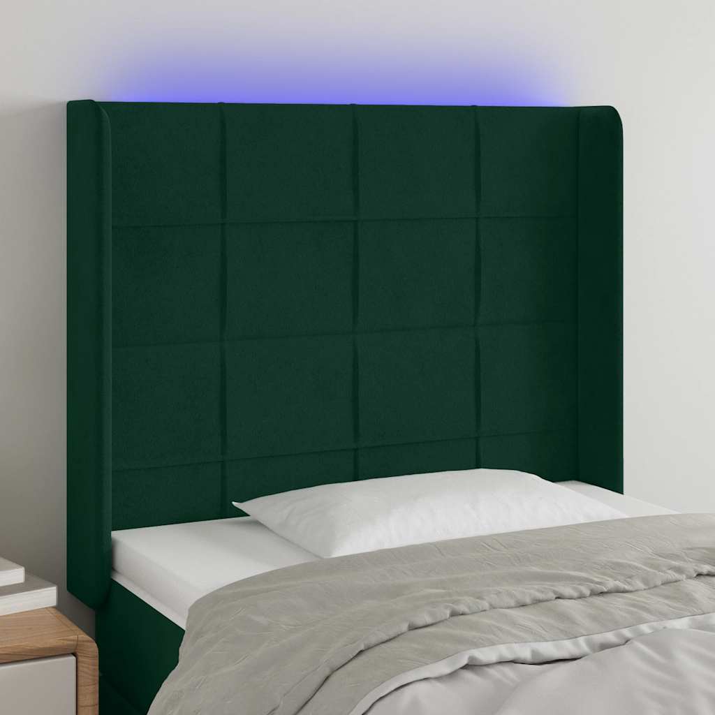 sengegavl med LED-lys 83x16x118/128 cm fløjl mørkegrøn