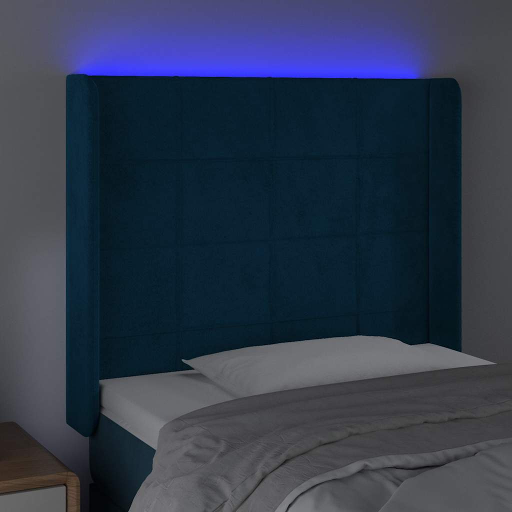sengegavl med LED-lys 83x16x118/128 cm fløjl mørkeblå